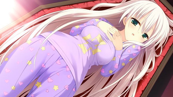 Anime picture 1280x720 with majo koi nikki suou hijiri asakura satsu single long hair looking at viewer blush breasts open mouth blue eyes light erotic wide image large breasts game cg grey hair on back embarrassed hand on chest girl pajamas