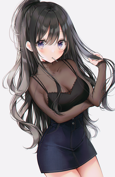 Anime picture 945x1453 with original weri single long hair tall image looking at viewer blush fringe breasts blue eyes black hair simple background hair between eyes standing white background long sleeves sleeves past wrists wavy hair crossed arms half updo