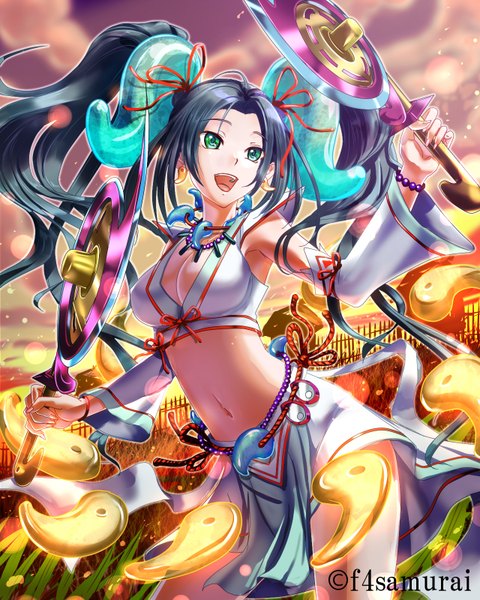 Anime picture 1280x1600 with original mirey single long hair tall image open mouth black hair twintails green eyes midriff girl navel hair ornament weapon detached sleeves