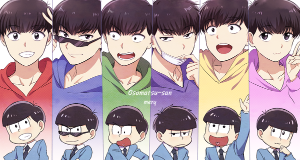 Anime picture 1400x750 with osomatsu-san matsuno osomatsu matsuno karamatsu matsuno ichimatsu matsuno choromatsu matsuno todomatsu matsuno juushimatsu mery (yangmalgage) fringe short hair open mouth black hair smile wide image signed looking away blunt bangs arm up black eyes multiple boys