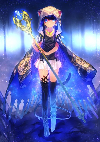 Anime picture 941x1328 with original fuji minako single long hair tall image looking at viewer fringe blue eyes holding blue hair tail animal tail cat tail walking girl earrings belt hood cape staff