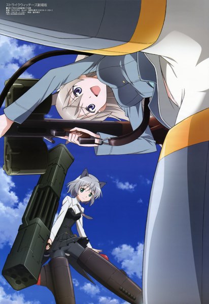 Anime picture 4069x5926 with strike witches megami magazine sanya v. litvyak eila ilmatar juutilainen satou michio long hair tall image highres short hair open mouth purple eyes multiple girls green eyes animal ears absurdres sky silver hair cloud (clouds) cat ears official art