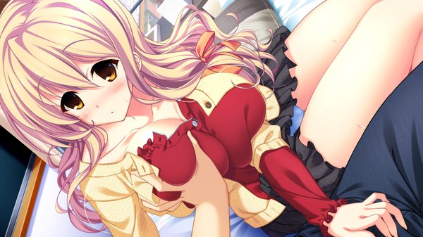 Anime picture 1280x720 with love sweets enjou minamo long hair blush breasts light erotic blonde hair wide image brown eyes game cg pantyshot breast grab girl dress underwear panties