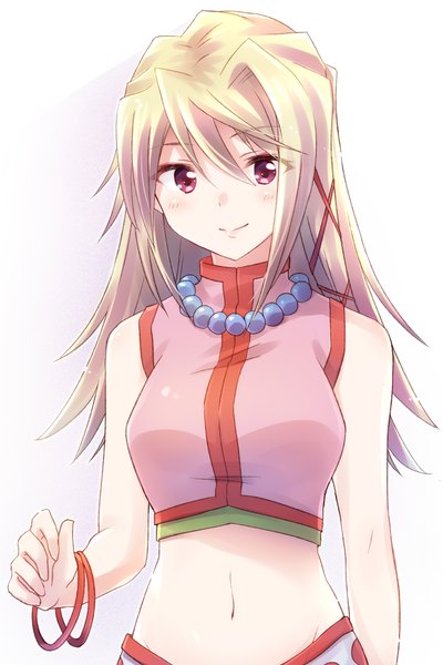 Anime picture 2726x4093 with gibiate funada kathleen nyaa (nnekoron) single long hair tall image looking at viewer fringe highres simple background blonde hair smile hair between eyes white background upper body pink eyes midriff girl hair ornament x hair ornament