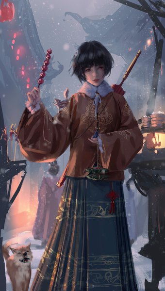 Anime picture 5000x8800 with ghost blade jade (ghost blade) wlop tall image fringe highres short hair black hair standing purple eyes absurdres outdoors traditional clothes fur trim snowing chinese clothes solo focus winter snow closed umbrella