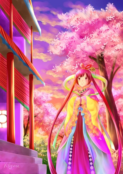 Anime picture 934x1320 with magi the labyrinth of magic a-1 pictures ren kougyoku villyane single tall image blush smile red eyes pink hair sky cloud (clouds) very long hair traditional clothes japanese clothes cherry blossoms girl hair ornament plant (plants) tree (trees)