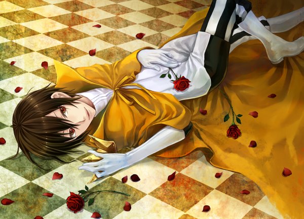 Anime picture 1245x900 with durarara!! brains base (studio) orihara izaya subarashii hibi siki (artist) short hair red eyes brown hair lying checkered floor boy gloves flower (flowers) petals boots rose (roses) cloak