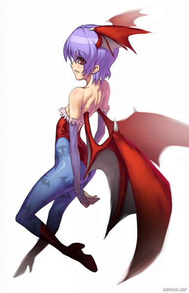 Anime picture 740x1148 with vampire / darkstalkers (game) capcom lilith aensland speeh single tall image short hair simple background red eyes white background purple hair head wings girl gloves wings elbow gloves