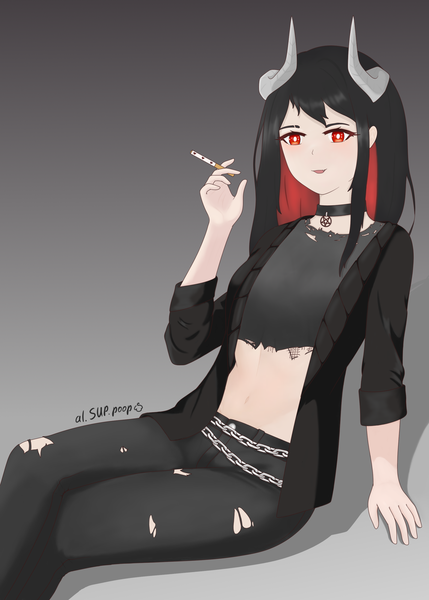 Anime-Bild 2000x2800 mit original alina saprykina single long hair tall image fringe highres open mouth black hair simple background red eyes sitting holding signed looking away multicolored hair horn (horns) open clothes arm support two-tone hair