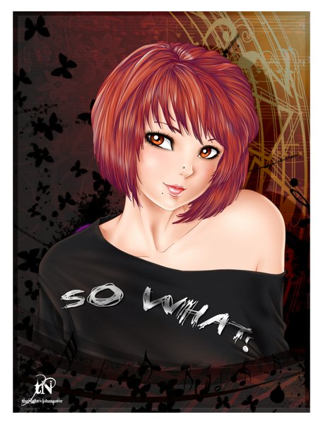 Anime picture 1600x2100 with original rebel (thenightwishmaster) thenightwishmaster single tall image short hair looking away red hair light smile lips mole orange eyes piercing mole under mouth girl t-shirt