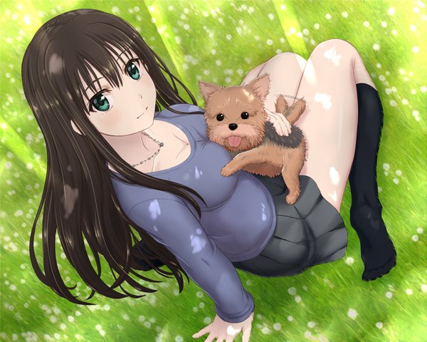 Anime picture 2064x1654 with idolmaster idolmaster cinderella girls shibuya rin inanaki shiki single long hair looking at viewer highres blue eyes black hair girl skirt flower (flowers) animal socks black socks dog