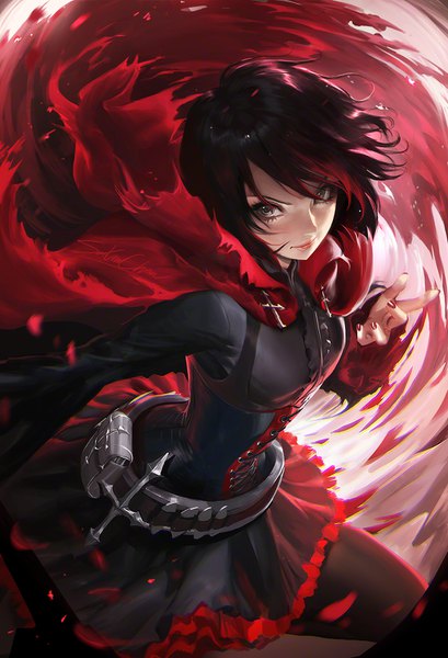 Anime picture 1090x1600 with rwby rooster teeth ruby rose sakimichan single tall image looking at viewer fringe short hair breasts black hair brown eyes signed bent knee (knees) red hair nail polish multicolored hair fingernails from above lips