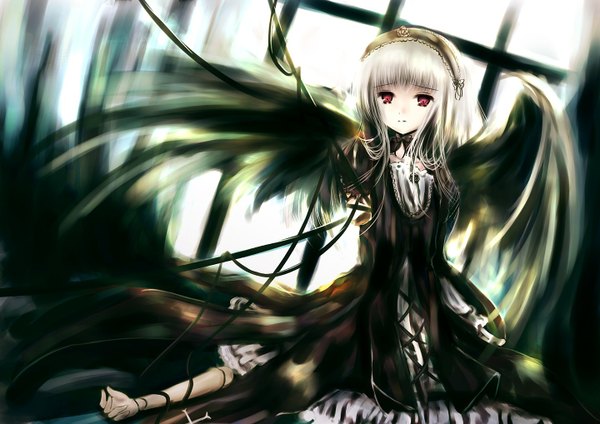 Anime picture 1440x1018 with rozen maiden suigintou long hair blonde hair angel wings