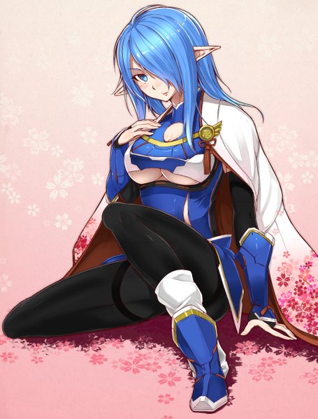 Anime picture 1025x1350 with phantasy star phantasy star online 2 original sega ryou@ryou single long hair tall image looking at viewer blush fringe breasts blue eyes light erotic large breasts sitting blue hair pointy ears alternate costume shiny skin