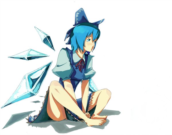 Anime picture 1100x865 with touhou cirno sousou (sousouworks) short hair blue eyes simple background white background sitting blue hair full body girl bow hair bow crystal ice