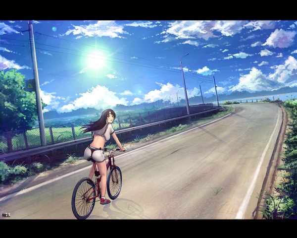 Anime picture 1280x1024 with original karanak long hair blush smile sky cloud (clouds) looking back girl plant (plants) tree (trees) shorts sea grass ground vehicle sun wire (wires) road traffic sign bicycle
