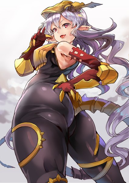 Anime picture 849x1200 with granblue fantasy medusa (shingeki no bahamut) himuro (dobu no hotori) single tall image looking at viewer fringe open mouth light erotic hair between eyes red eyes bare shoulders purple hair ass tail very long hair looking back pointy ears from below hand on hip