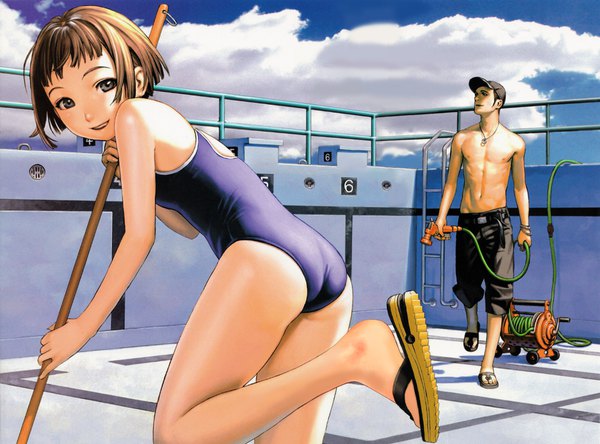 Anime picture 4169x3085 with robot (manga) range murata looking at viewer highres short hair light erotic smile brown hair bare shoulders looking away absurdres cloud (clouds) ass black eyes scan couple bob cut shirtless cleaning girl
