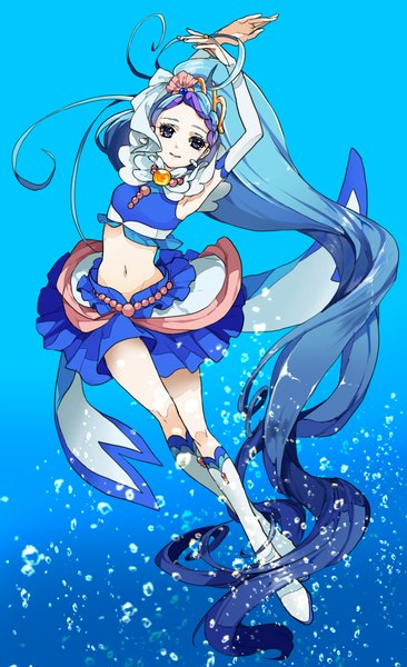 Anime picture 1100x1800 with original abararack single tall image looking at viewer blue eyes simple background full body ahoge braid (braids) very long hair pleated skirt multicolored hair light smile arms up two-tone hair bare belly floating hair gradient hair underwater