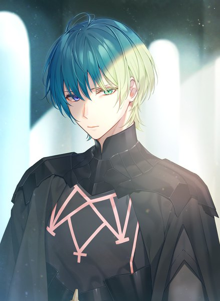 Anime picture 878x1200 with fire emblem fire emblem: three houses nintendo byleth (fire emblem) byleth (male) (fire emblem) cocosuke single tall image looking at viewer fringe short hair hair between eyes upper body aqua hair heterochromia gradient hair boy armor