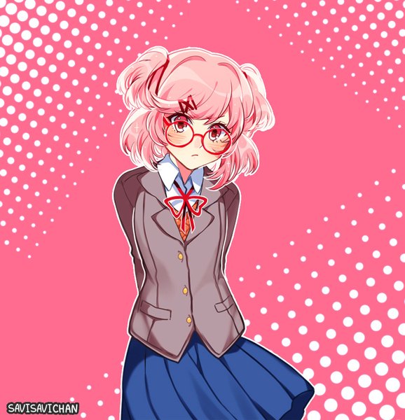 Anime picture 925x960 with doki doki literature club natsuki (doki doki literature club) savi (byakushimc) single tall image looking at viewer blush fringe short hair simple background standing signed pink hair long sleeves pleated skirt pink eyes two side up hands behind back pink background polka dot