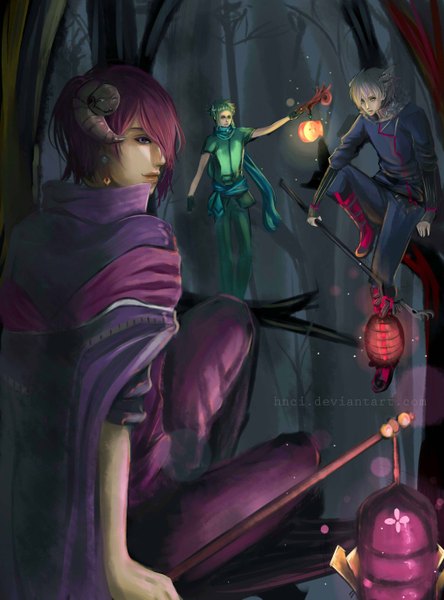 Anime picture 1024x1381 with original hnci tall image looking at viewer fringe short hair blue eyes standing sitting purple eyes holding green eyes pink hair silver hair purple hair profile horn (horns) green hair light smile grey hair