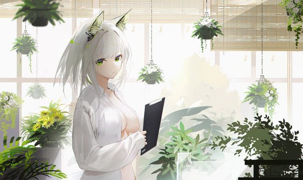Anime picture 7280x4320 with arknights kal'tsit (arknights) omone hokoma agm single looking at viewer fringe highres short hair breasts light erotic wide image large breasts holding green eyes animal ears absurdres upper body white hair blunt bangs long sleeves
