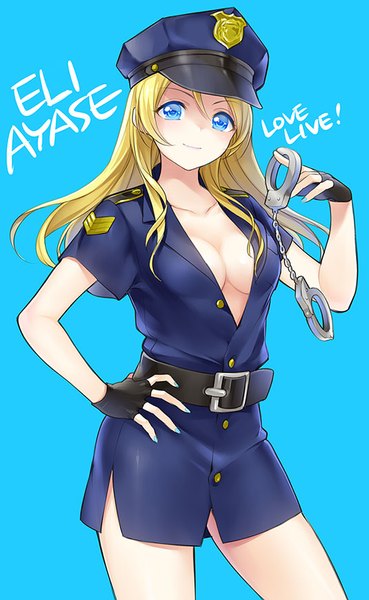 Anime picture 535x869 with love live! school idol project sunrise (studio) love live! ayase eli kisaragi mizu single long hair tall image looking at viewer fringe blue eyes light erotic blonde hair simple background hair between eyes cleavage nail polish no bra alternate costume copyright name