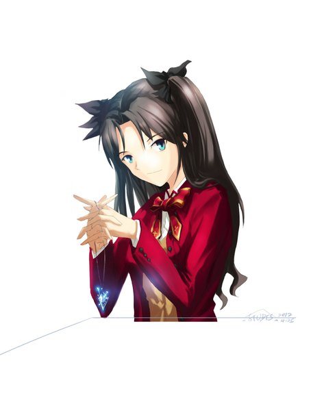 Anime picture 1420x1800 with fate (series) fate/stay night studio deen type-moon toosaka rin single long hair tall image looking at viewer fringe blue eyes black hair simple background white background twintails holding glowing girl hair ornament bow