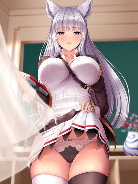 Anime picture 960x1280 with granblue fantasy korwa (granblue fantasy) melopun single long hair tall image looking at viewer blush fringe breasts blue eyes light erotic large breasts standing holding animal ears silver hair indoors blunt bangs parted lips