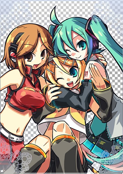 Anime picture 707x1000 with vocaloid hatsune miku kagamine rin sakine meiko negi (ulog'be) long hair tall image short hair open mouth blonde hair brown hair twintails bare shoulders multiple girls brown eyes ahoge nail polish pleated skirt one eye closed aqua eyes
