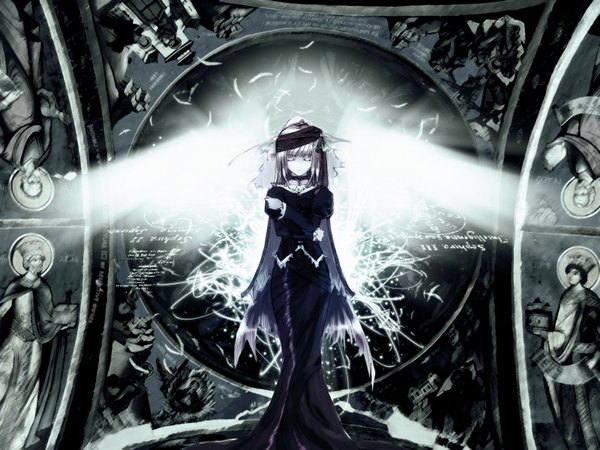 Anime picture 1600x1200 with single signed silver hair eyes closed long sleeves very long hair third-party edit gothic girl skirt wings long skirt