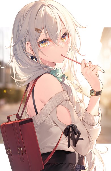 Anime picture 1022x1565 with original toosaka asagi single long hair tall image looking at viewer fringe hair between eyes standing holding yellow eyes silver hair upper body arm up fingernails off shoulder low ponytail eating hair over shoulder food in mouth