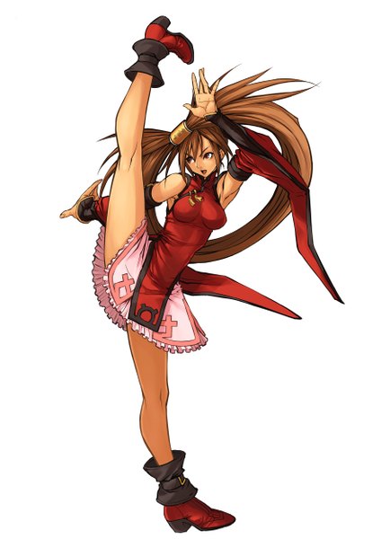 Anime picture 1767x2500 with guilty gear kuradoberi jam ishiwatari daisuke single long hair tall image highres simple background brown hair white background brown eyes spread legs fighting stance girl dress detached sleeves boots red dress