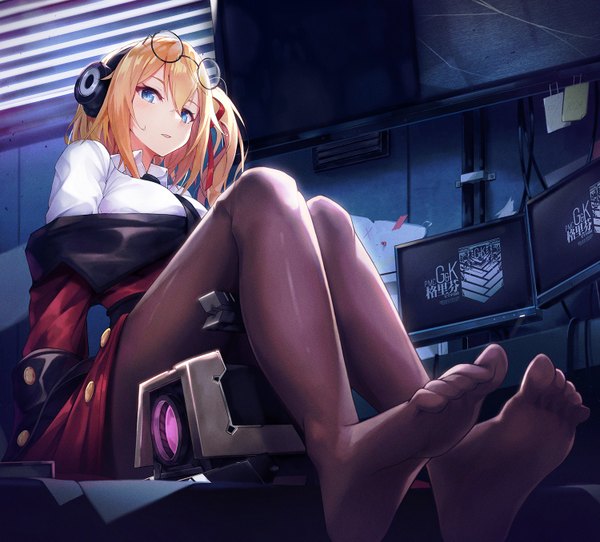Anime picture 1500x1357 with girls frontline dinergate (girls frontline) kalina (girls frontline) po-palm single long hair looking at viewer blush fringe breasts open mouth blue eyes blonde hair hair between eyes large breasts sitting full body bent knee (knees) indoors off shoulder