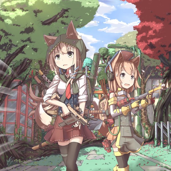 Anime picture 1080x1080 with original hinbackc long hair fringe open mouth hair between eyes brown hair bare shoulders multiple girls holding brown eyes green eyes animal ears looking away sky cloud (clouds) outdoors tail animal tail pleated skirt
