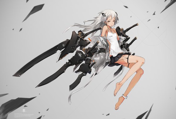 Anime picture 1600x1080 with original yucca-612 (neco) single long hair looking at viewer fringe breasts simple background brown eyes full body bent knee (knees) white hair long sleeves parted lips pleated skirt barefoot grey background open jacket sleeveless shiny skin