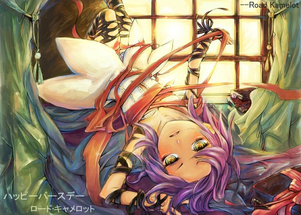 Anime picture 1157x827 with d.gray-man road kamelot short hair open mouth yellow eyes purple hair upside down girl dress ribbon (ribbons) window book (books) curtains box