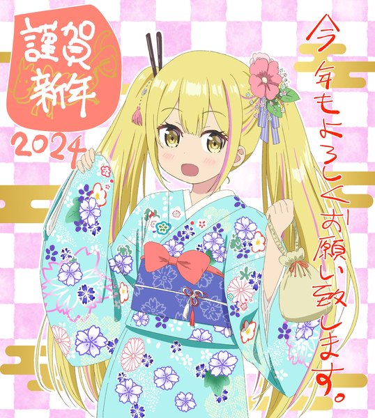 Anime picture 3143x3508 with original fukuikeikoku single long hair tall image looking at viewer highres open mouth blonde hair smile twintails yellow eyes absurdres traditional clothes japanese clothes multicolored hair streaked hair floral print new year checkered