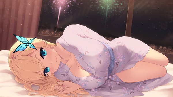 Anime picture 1920x1080 with boku wa tomodachi ga sukunai kashiwazaki sena cait single long hair looking at viewer fringe highres breasts blue eyes light erotic blonde hair wide image large breasts cleavage indoors lying traditional clothes japanese clothes night