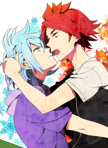 Anime picture 744x1011 with inazuma eleven nagumo haruya suzuno fuusuke yuzumame tall image short hair open mouth blue eyes yellow eyes blue hair red hair profile multiple boys hug eye contact shounen ai almost kiss boy hood 2 boys