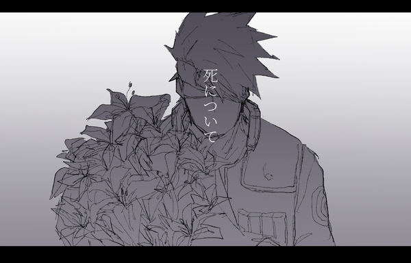 Anime picture 1019x653 with naruto studio pierrot naruto (series) hatake kakashi velvetcat09 single short hair simple background upper body inscription grey background gradient background hieroglyph monochrome letterboxed sketch boy flower (flowers) mask bouquet