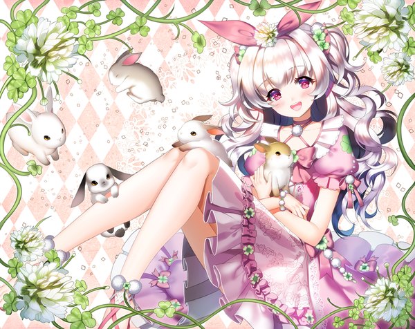 Anime picture 971x771 with original aile (crossroads) single long hair looking at viewer blush fringe open mouth sitting silver hair pink eyes two side up rhombus girl dress bow hair bow animal bunny clover (plant)