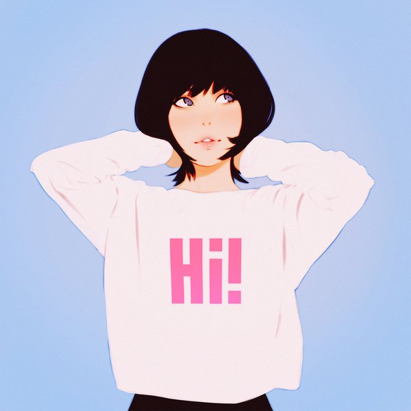 Anime picture 1080x1081 with original ilya kuvshinov single tall image fringe short hair black hair simple background purple eyes upper body long sleeves parted lips arms up looking up blue background clothes writing girl t-shirt