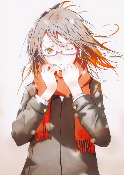 Anime picture 4248x6024 with original fuyuno haruaki single long hair tall image looking at viewer highres open mouth simple background brown hair yellow eyes absurdres one eye closed wink snowing winter girl glasses headphones scarf
