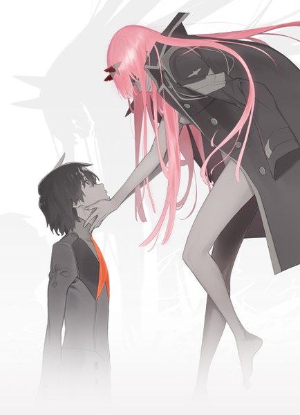 Anime-Bild 1800x2489 mit darling in the franxx studio trigger zero two (darling in the franxx) hiro (darling in the franxx) tanaka masayoshi long hair tall image fringe highres short hair breasts light erotic black hair hair between eyes pink hair full body ahoge bent knee (knees) barefoot light smile