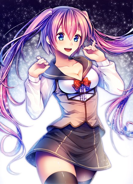 Anime picture 1654x2274 with original momore (peaches) single tall image looking at viewer blush open mouth blue eyes light erotic twintails cleavage purple hair very long hair girl thighhighs skirt black thighhighs