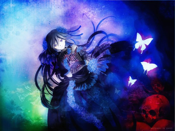 Anime picture 1600x1200 with pandora hearts xebec alice (pandora hearts) goth-loli gothic gloves flower (flowers) ribbon (ribbons) insect butterfly skull bunny cage