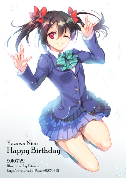 Anime picture 600x844 with love live! school idol project sunrise (studio) love live! yazawa nico trianon single tall image short hair black hair simple background smile red eyes twintails full body one eye closed wink character names dated short twintails happy birthday