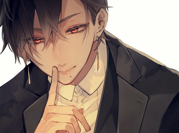 Anime picture 1197x890 with original schwarz ashford zabeo0125 single looking at viewer fringe short hair black hair simple background hair between eyes red eyes white background upper body light smile mole finger to mouth mole under mouth boy earrings suit
